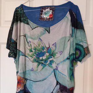Desigual Blue Watercolor Lotus Batwing Top | Mixed Print | M